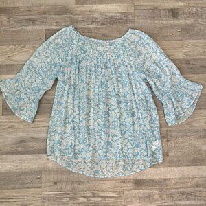 Counterparts Blue Floral Lightweight Smocked Blouse 3/4 Sleeve S40